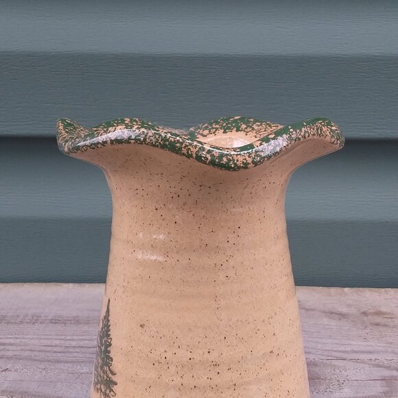 2002 Zanesville Ohio Pottery Stoneware Ruffled Rustic vase  spongeware trees 6" - Picture 2 of 10